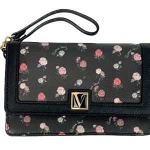 Victoria's Secret Black Floral Wristlet Faux Leather Cruelty Free